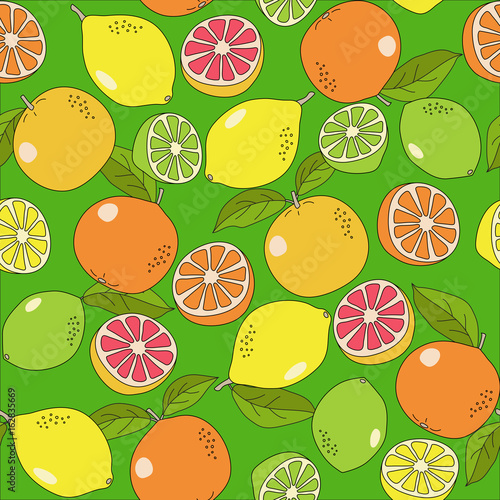 Seamless colorful hand drawn vector pattern with lemons, oranges and limes