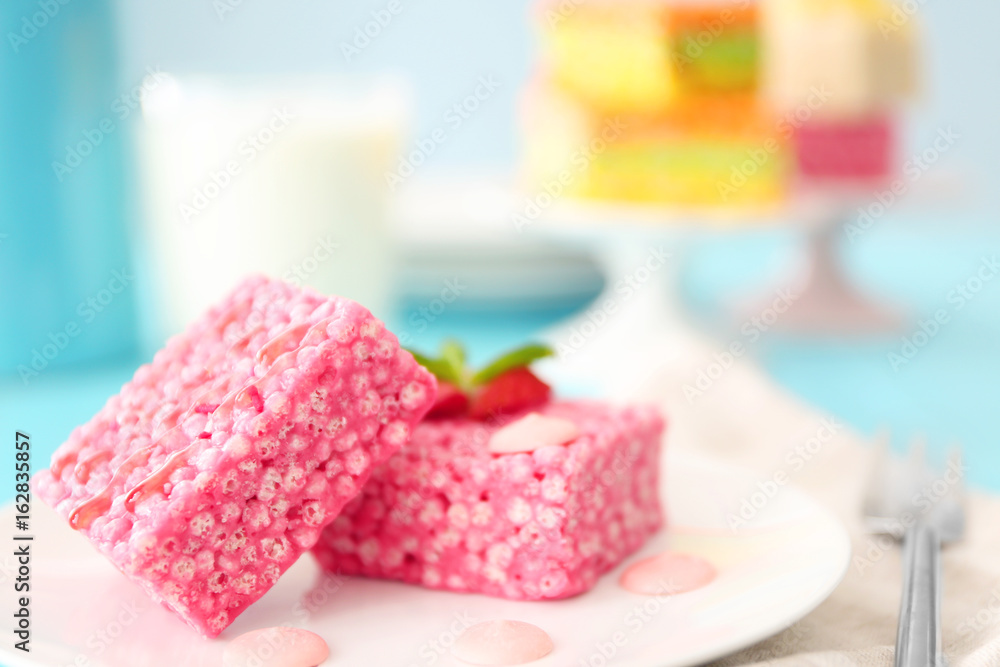 Strawberry crispy dessert on plate Strawberry crispy dessert on plate