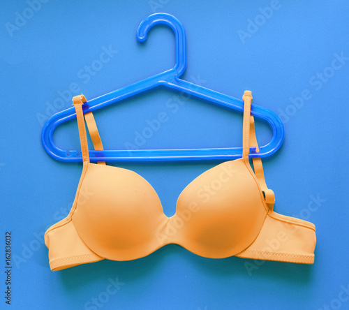 Summer concept, bra on coat hanger on blue (Pop art style)