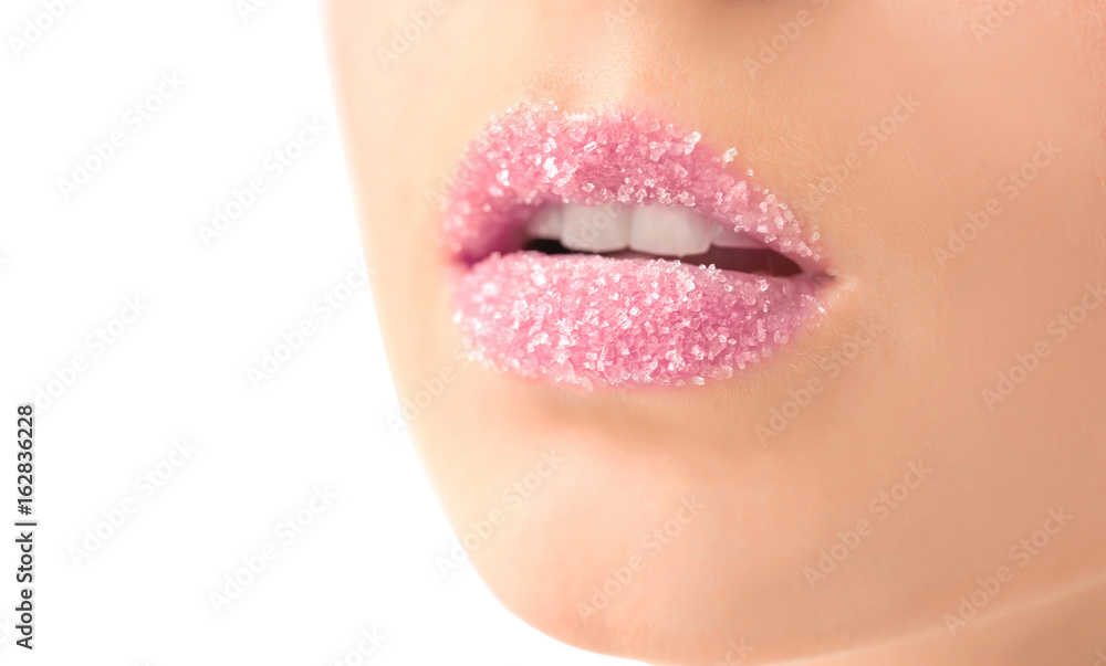 Woman with sugar lips on white background, closeup Woman with sugar lips on white background, closeup