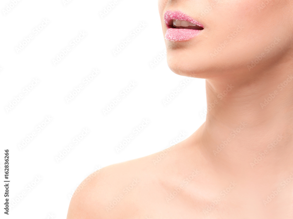 Woman with sugar lips on white background