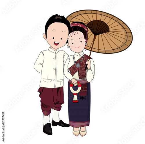 wedding cartoon vector, bride and groom in north-east thai traditional suit and dress.