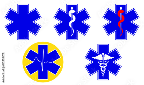 Medical international symbols set. Star of life, staff of Asclepius, caduceus, Vector