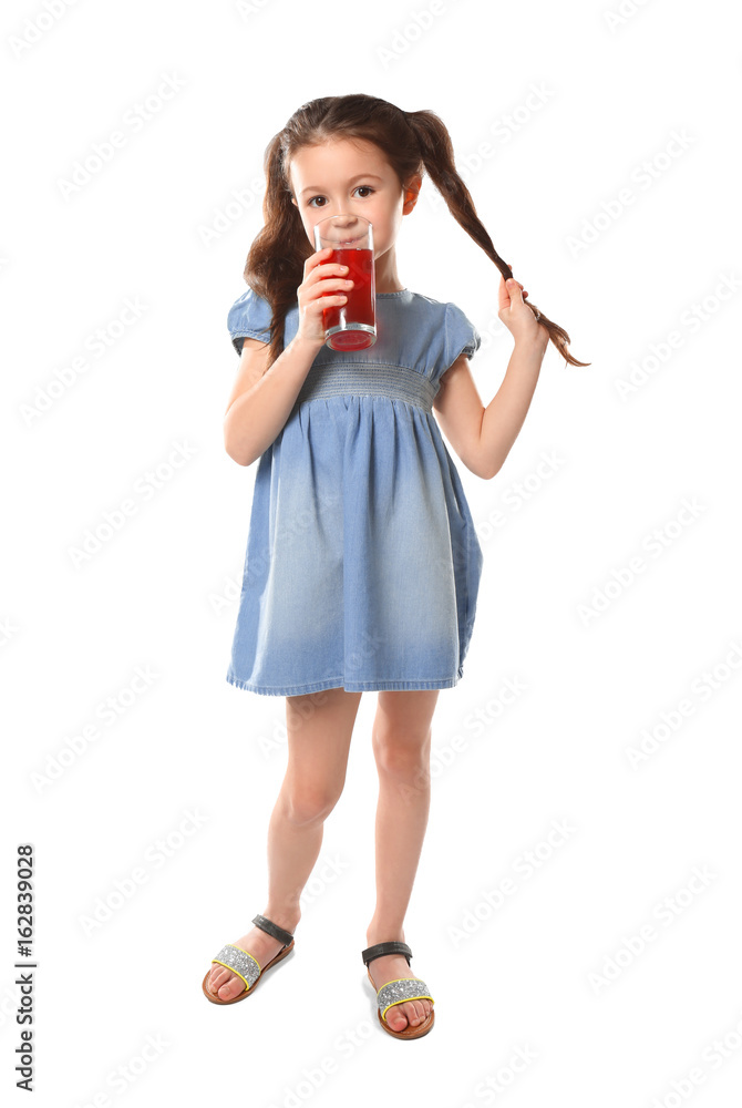 Cute little girl drinking juice on white background Cute little girl drinking juice on white background