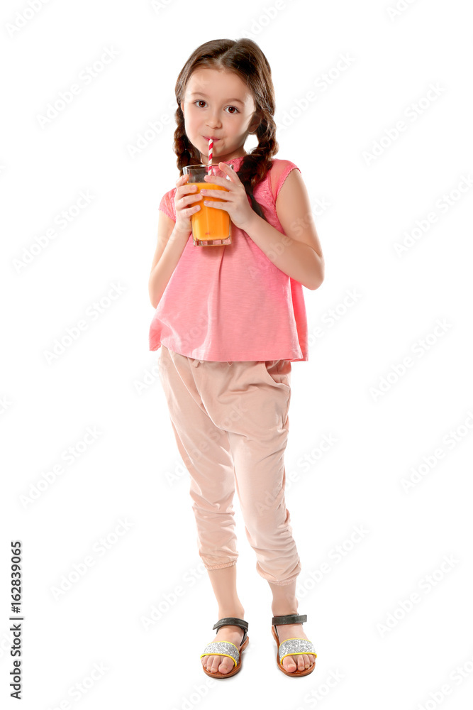 Cute little girl drinking juice on white background Cute little girl drinking juice on white background