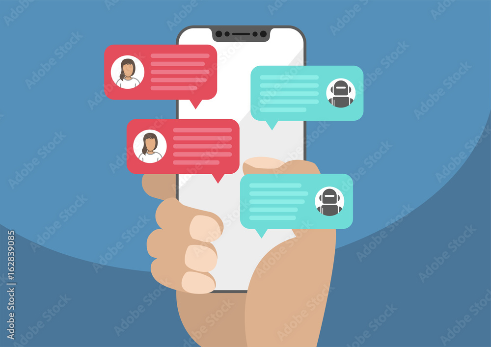 Woman holding bezel-free / frameless smartphone in hand and chatting with chat bot robot. Chat messages notification on smartphone isolated on blue background Woman holding bezel-free / frameless smartphone in hand and chatting with chat bot robot. Chat messages notification on smartphone isolated on blue background