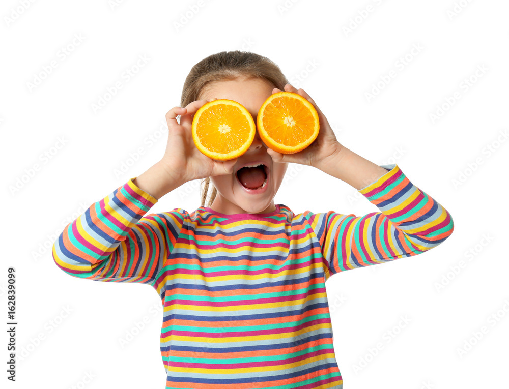 Cute little girl with halves of orange on white background Cute little girl with halves of orange on white background