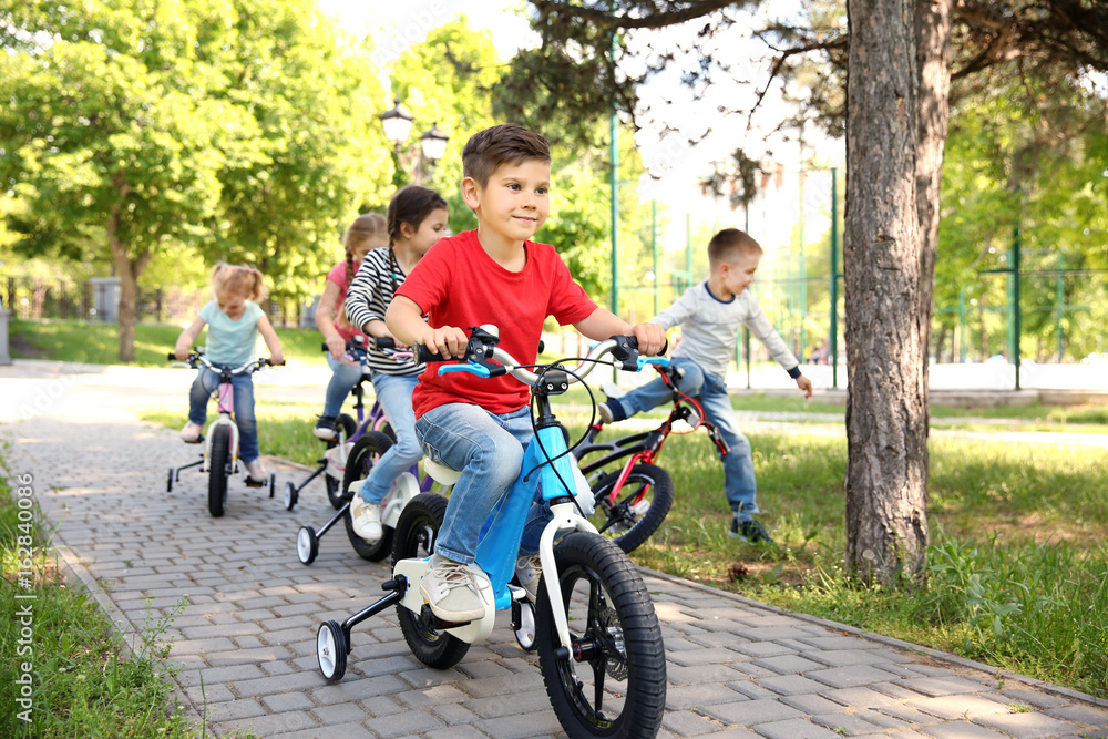 Cute children riding bicycles in park on sunny day