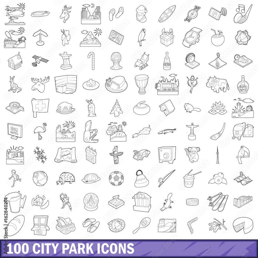 100 city park icons set, outline style