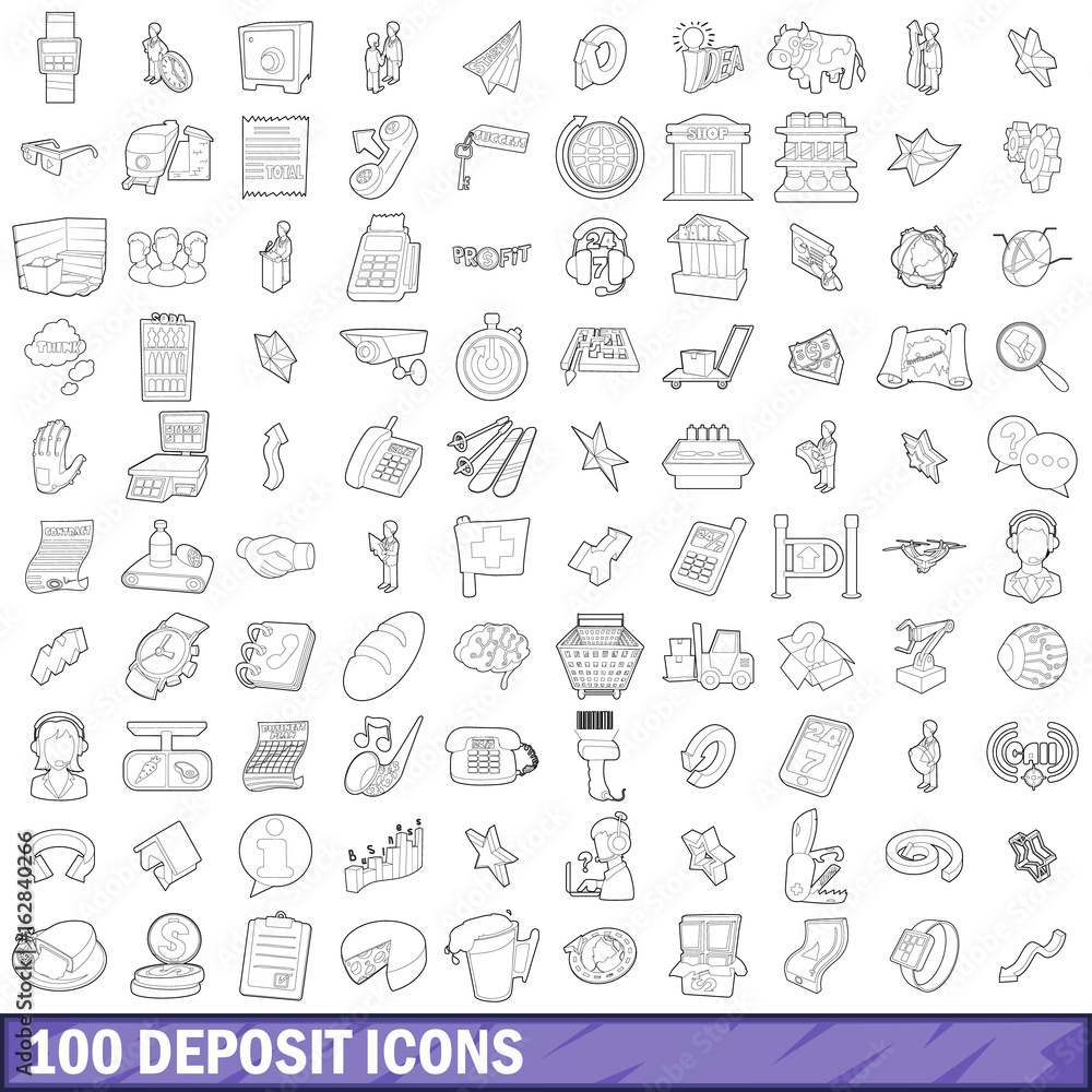100 deposit icons set, outline style 100 deposit icons set, outline style