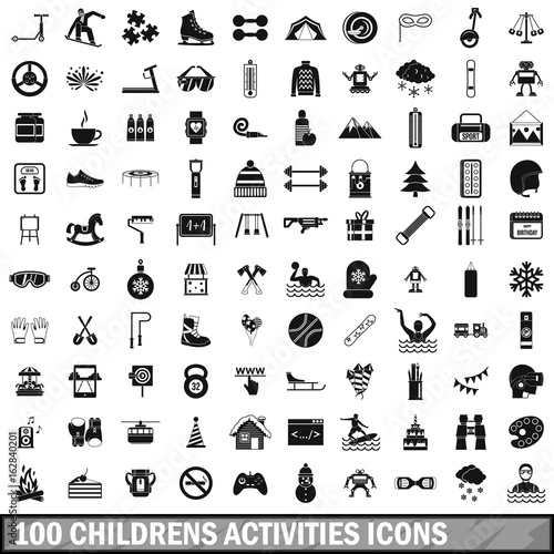 100 children activities icons set, simple style 