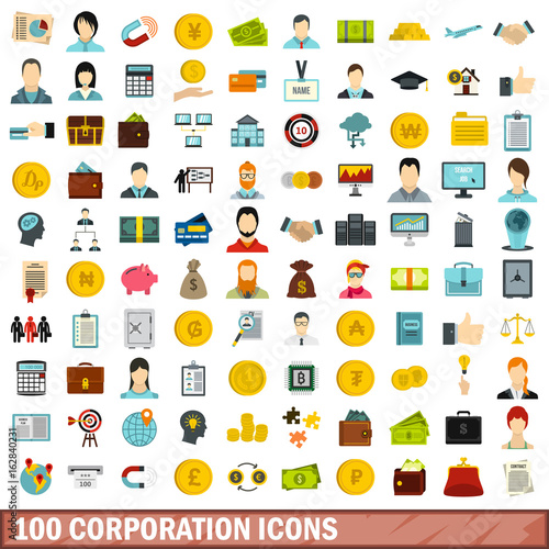 100 corporation icons set, flat style