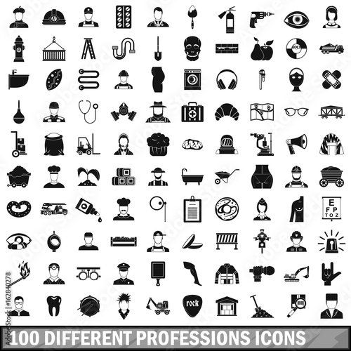 100 different professions icons set, simple style 