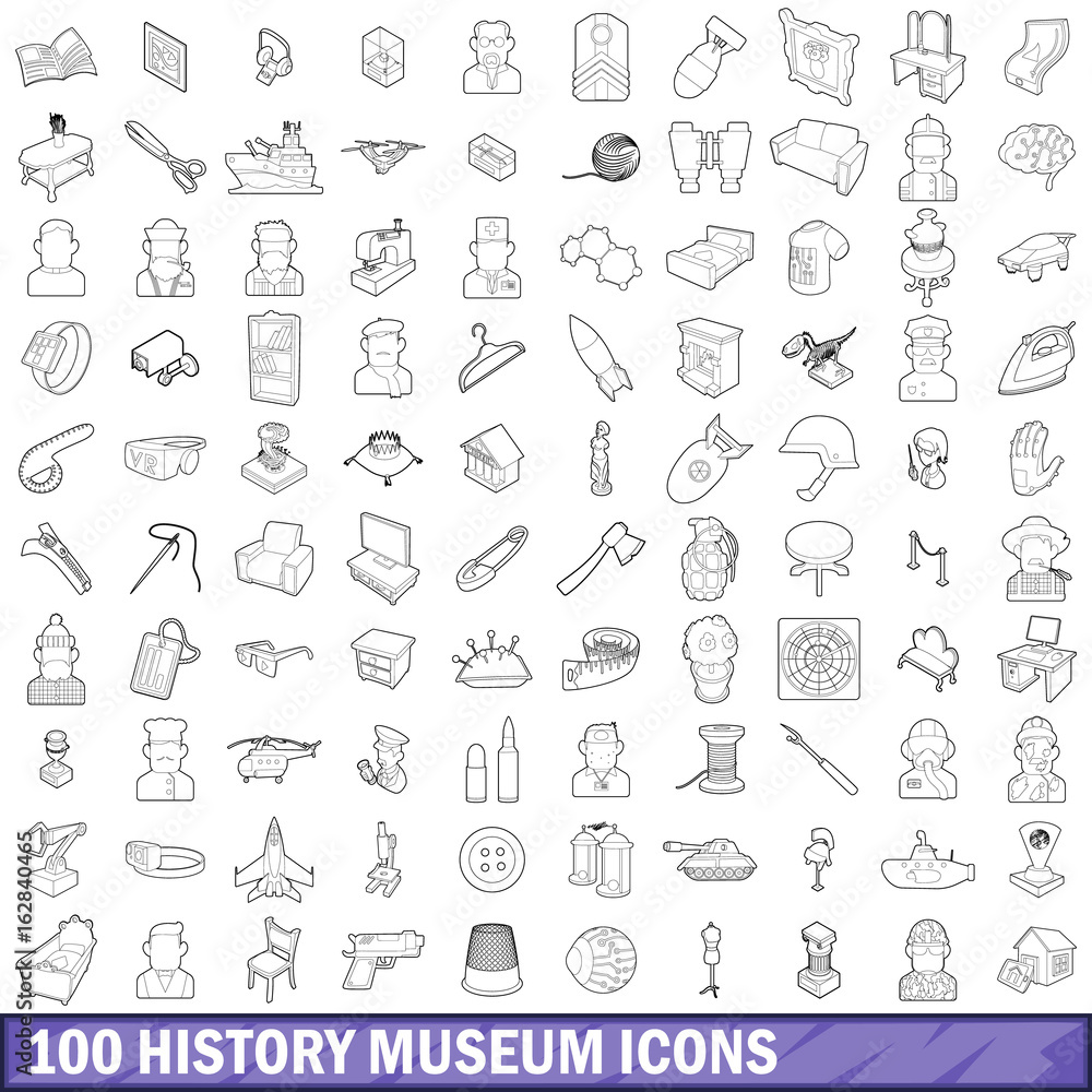 100 history museum icons set, outline style 100 history museum icons set, outline style