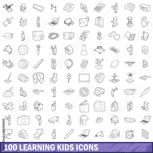 100 learning kids icons set, outline style