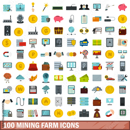 100 mining farm icons set, flat style