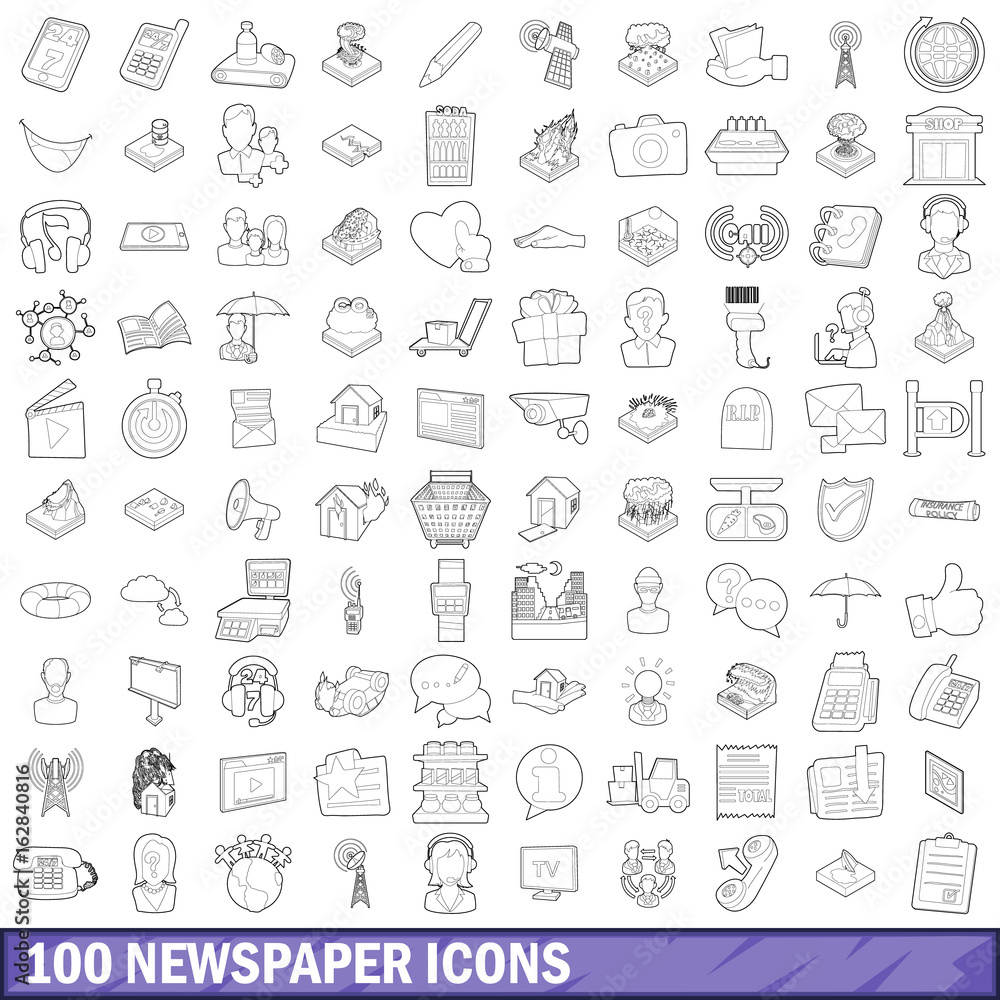 100 newspaper icons set, outline style 100 newspaper icons set, outline style