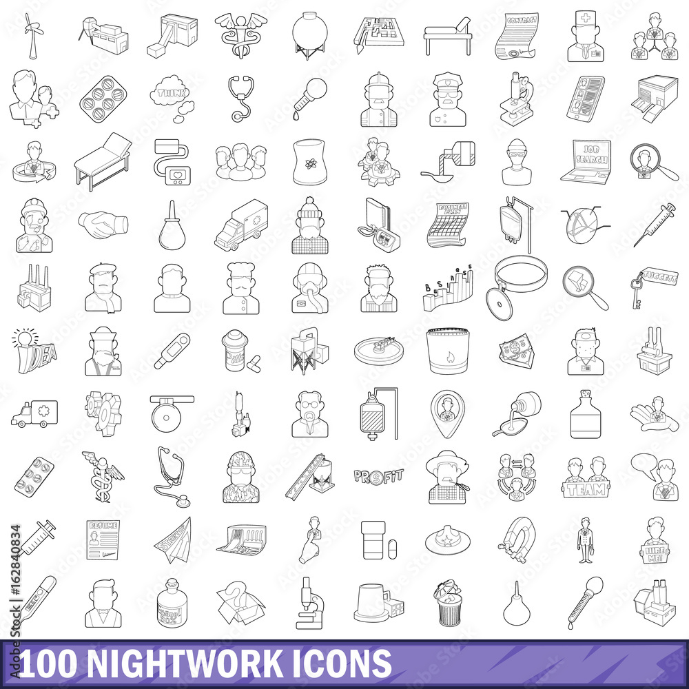 100 nightwork icons set, outline style