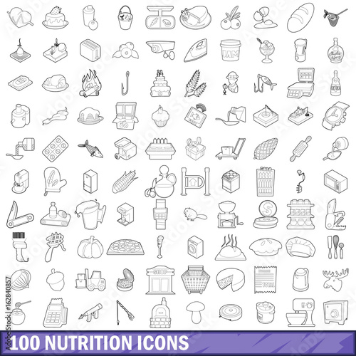 100 nutrition icons set, outline style