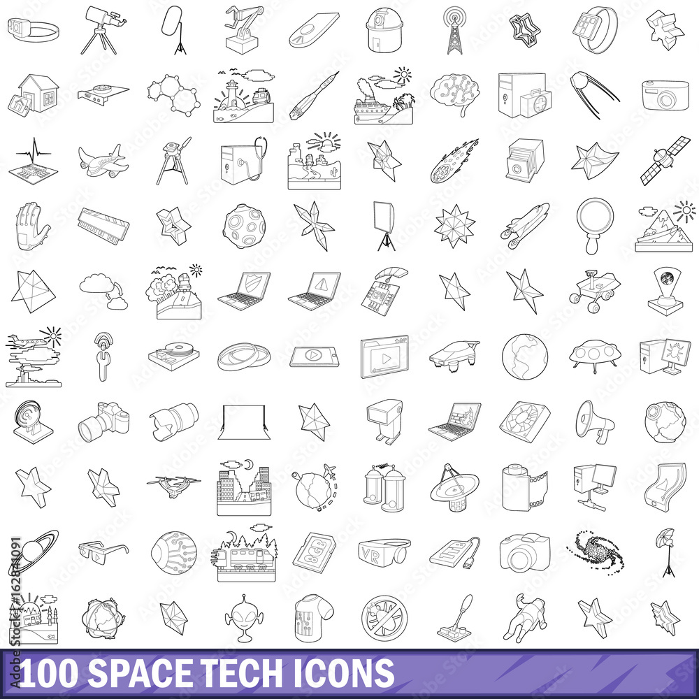 100 space tech icons set, outline style