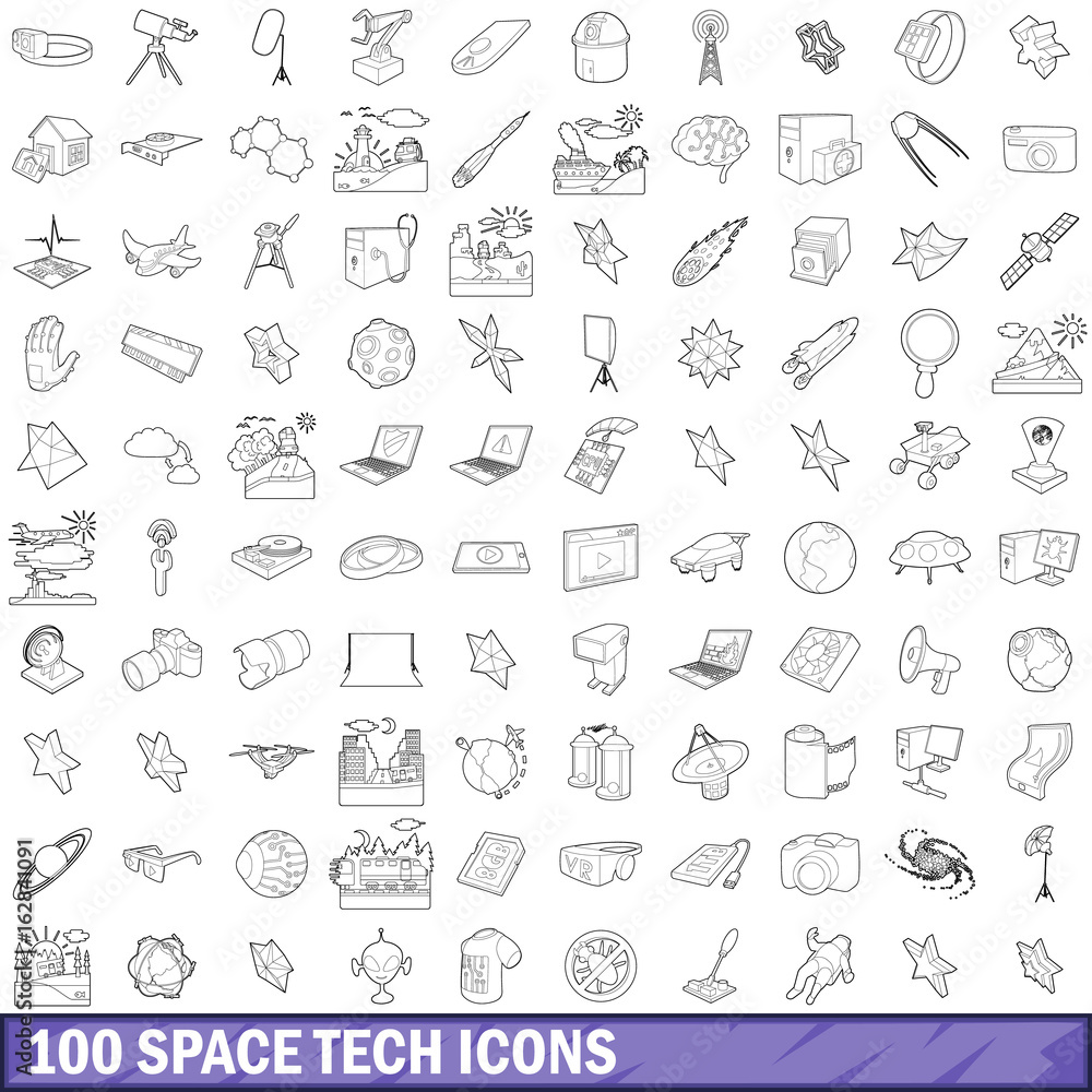 100 space tech icons set, outline style 100 space tech icons set, outline style