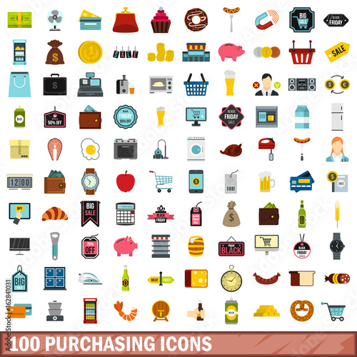 100 purchasing icons set, flat style