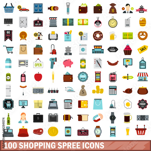 100 shopping spree icons set, flat style