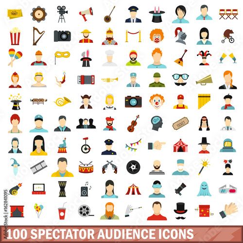 100 spectator audience icons set, flat style