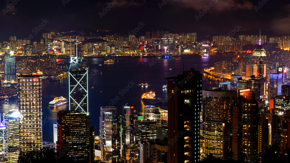 Hong Kong iconic night view from Victoria peak, Beautiful light illuminate skyscraper Hong Kong iconic night view from Victoria peak, Beautiful light illuminate skyscraper