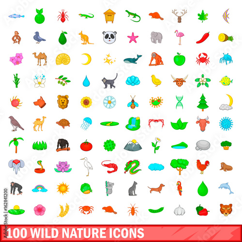 Fototapeta Naklejka Na Ścianę i Meble -  100 wild nature icons set, cartoon style