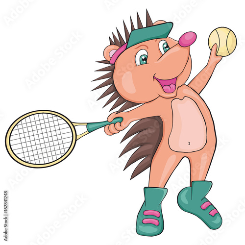 Hedgehog plays tennis. Cartoon style. Clip art for children.