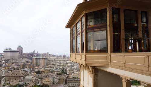 The public elevator Castelletto with city in background from viewpoint Spianata Castelletto Belvedere Montaldo, Genoa, Italy                photo