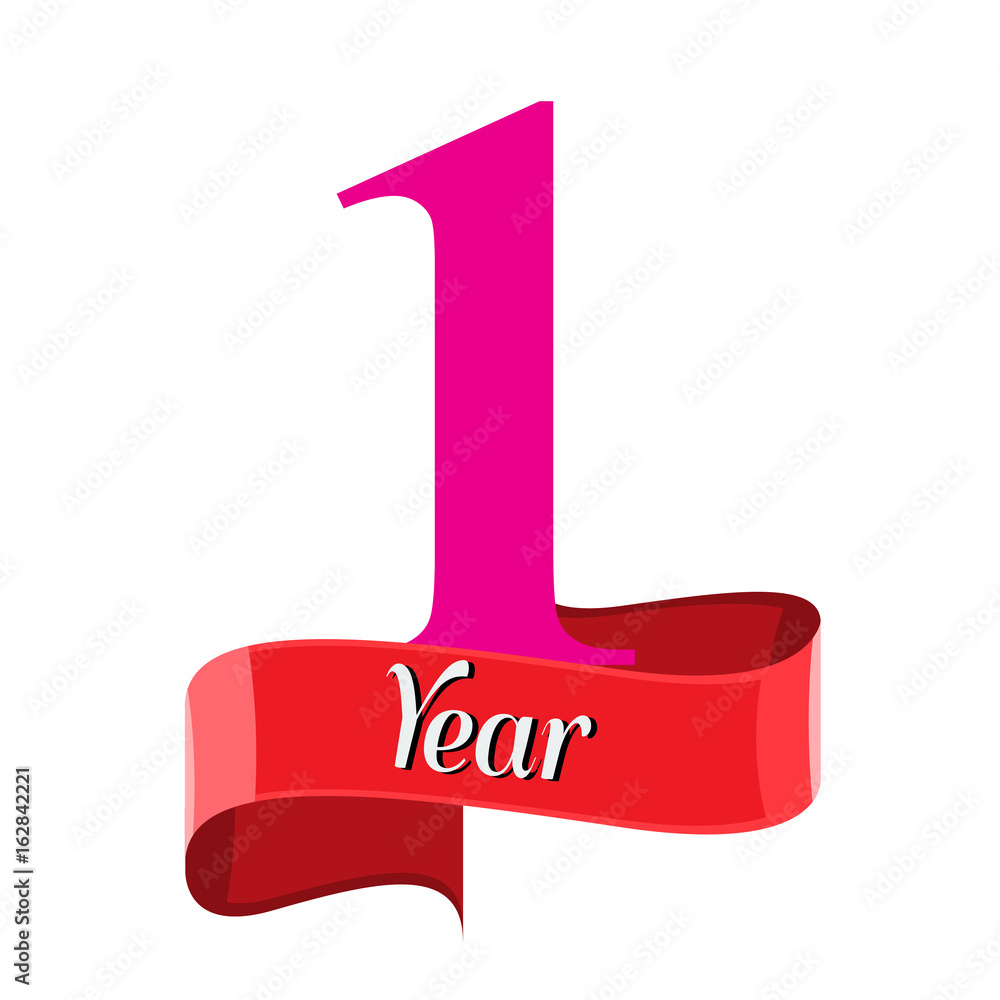 1 year anniversary logo with red ribbon. Flat style vector 1 year anniversary logo with red ribbon. Flat style vector