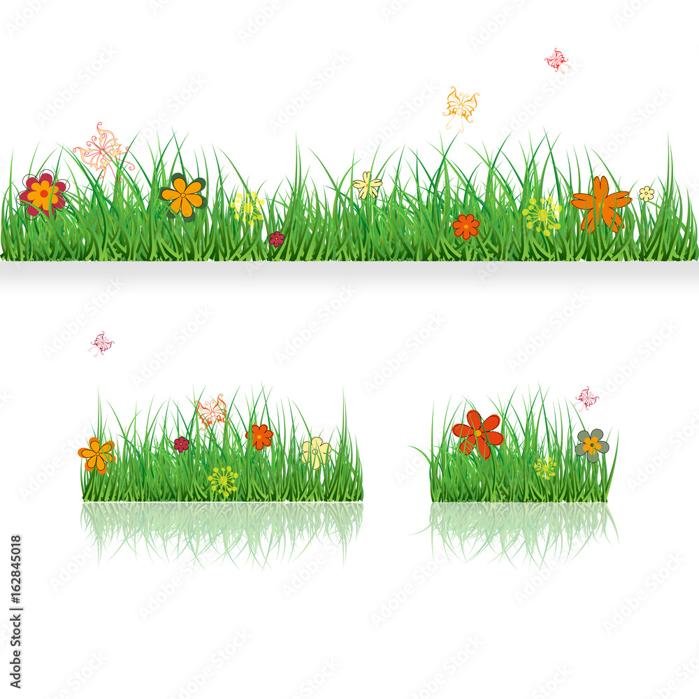 Set Green Grass Borders with colorful flowers and butterflies. Vector ...