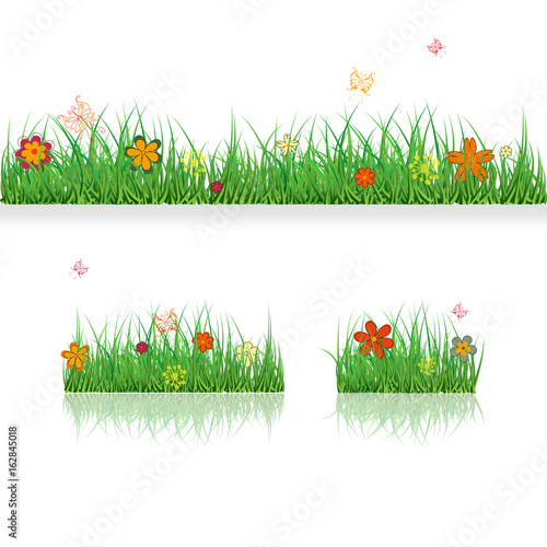 Set Green Grass Borders with colorful flowers and butterflies. Vector Illustration. Summer, plant, eco and natural, growth or fresh. Design for card, banner.Meadow template for print products.