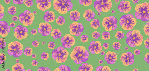 Seamless pattern lilac flowers on green background.