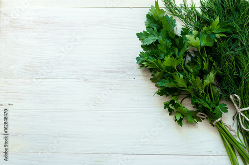 Bunch of fresh parsley on white boards.