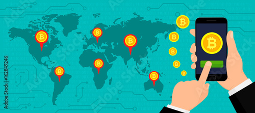 Crypto Currency Concept. Hand Holding Smartphone with Bitcoin Currency. Web Banner. Vector illustration. EPS 10.