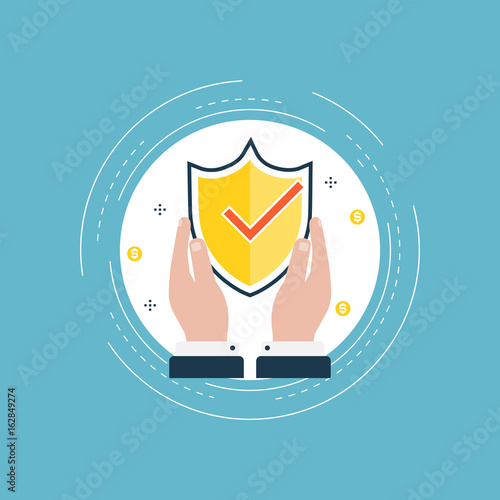 Secured information, data privacy, shield protection and access authorization flat vector illustration design. Data safety design for web banners and apps