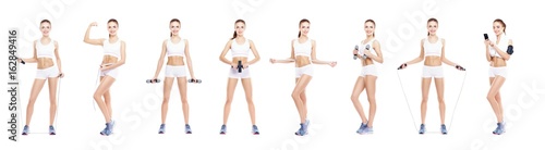 Young, sporty and fit girl in white underwear. Isolated background. Set collection. Fitness Concept.