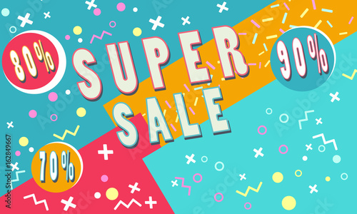Summer Super sale banner for booklet, flyer, poster, advertising logo, leaflet for the store template design. The modern image for social media. Memphis Style, bright colors 80s-90s.