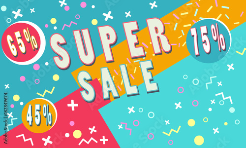 Summer Super sale banner for booklet, flyer, poster, advertising logo, leaflet for the store template design. The modern image for social media. Memphis Style, bright colors 80s-90s.