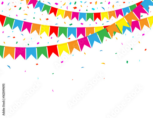 Garland of Colour Flags and Confetti on White Background. Party Web Banner. Celebration Background. Vector Illustration. Flat Style.