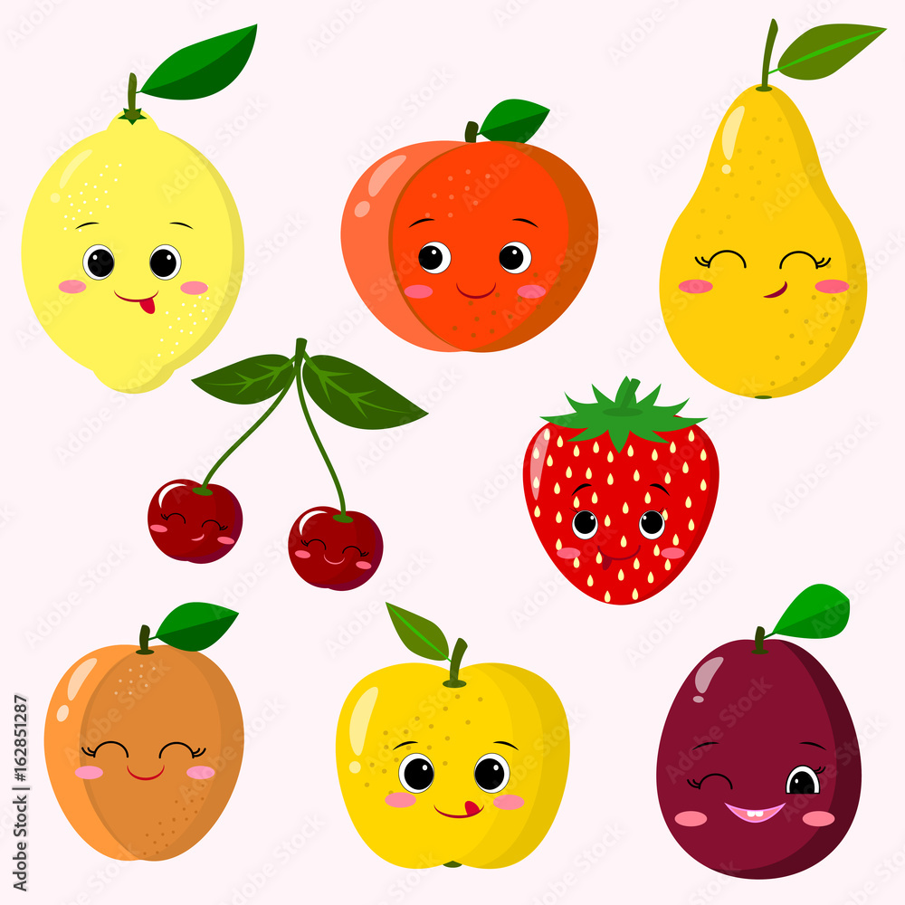 Cute cartoon fruit characters sticker set. Fruit Sticker Collection. Stock Illustration Adobe