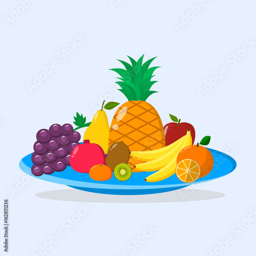 Illustration of ripe and sweet fruits in a blue plate. Different fruits in a blue plate.