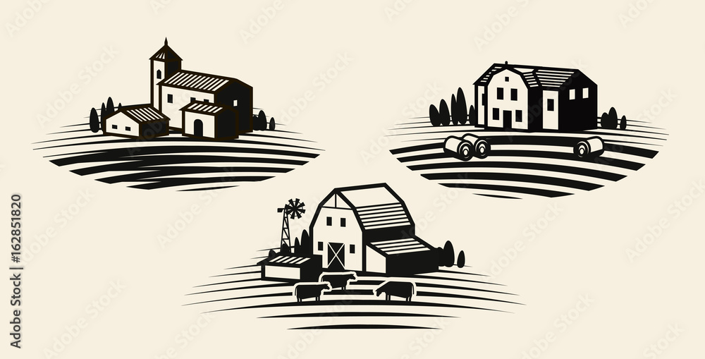 Farm, farming label set. Agriculture, agribusiness, farmhouse icon or logo. Vector illustration