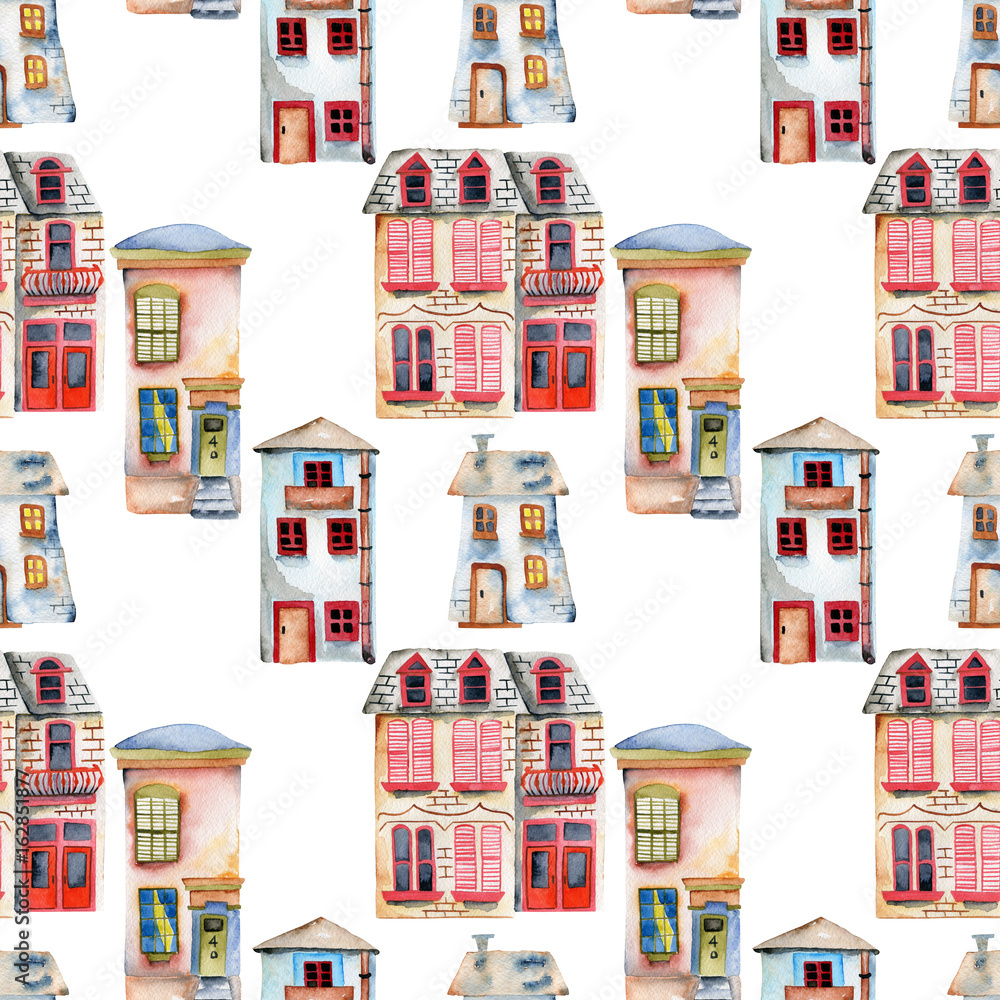 Naklejka premium Seamless pattern with watercolor english houses, hand painted isolated on a white background