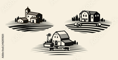 Farm, farming label set. Agriculture, agribusiness, farmhouse icon or logo. Vector illustration