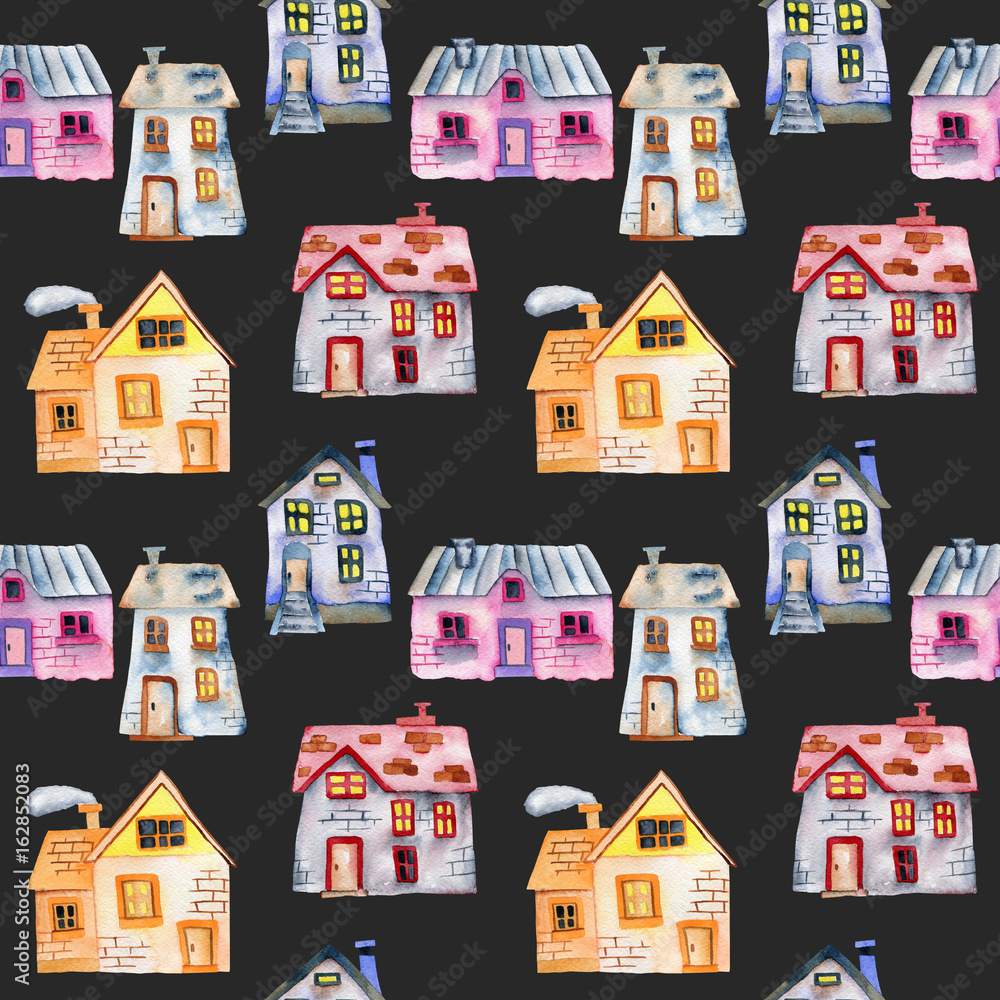 Obraz premium Seamless pattern with watercolor cartoon private houses, hand painted isolated on a dark background