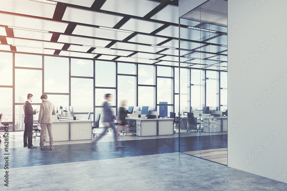 Open office, loft, glass, side view, men Open office, loft, glass, side view, men